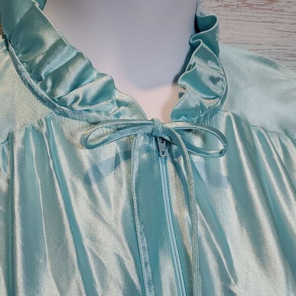 Vintage At Home Wear Sz L 16/18 Ice Blue Satin Zip Robe Ruffle Neck Pockets 1024 - Picture 5 of 10